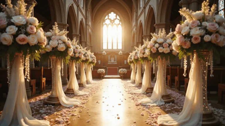 Wedding Aisle Flower Ideas: A Complete Visual Storytelling Wide-angle shot of a grand cathedral wedding aisle adorned with cascading floral arrangements, golden hour sunlight streaming through stained glass windows, and scattered rose petals, all captured in photorealistic detail.