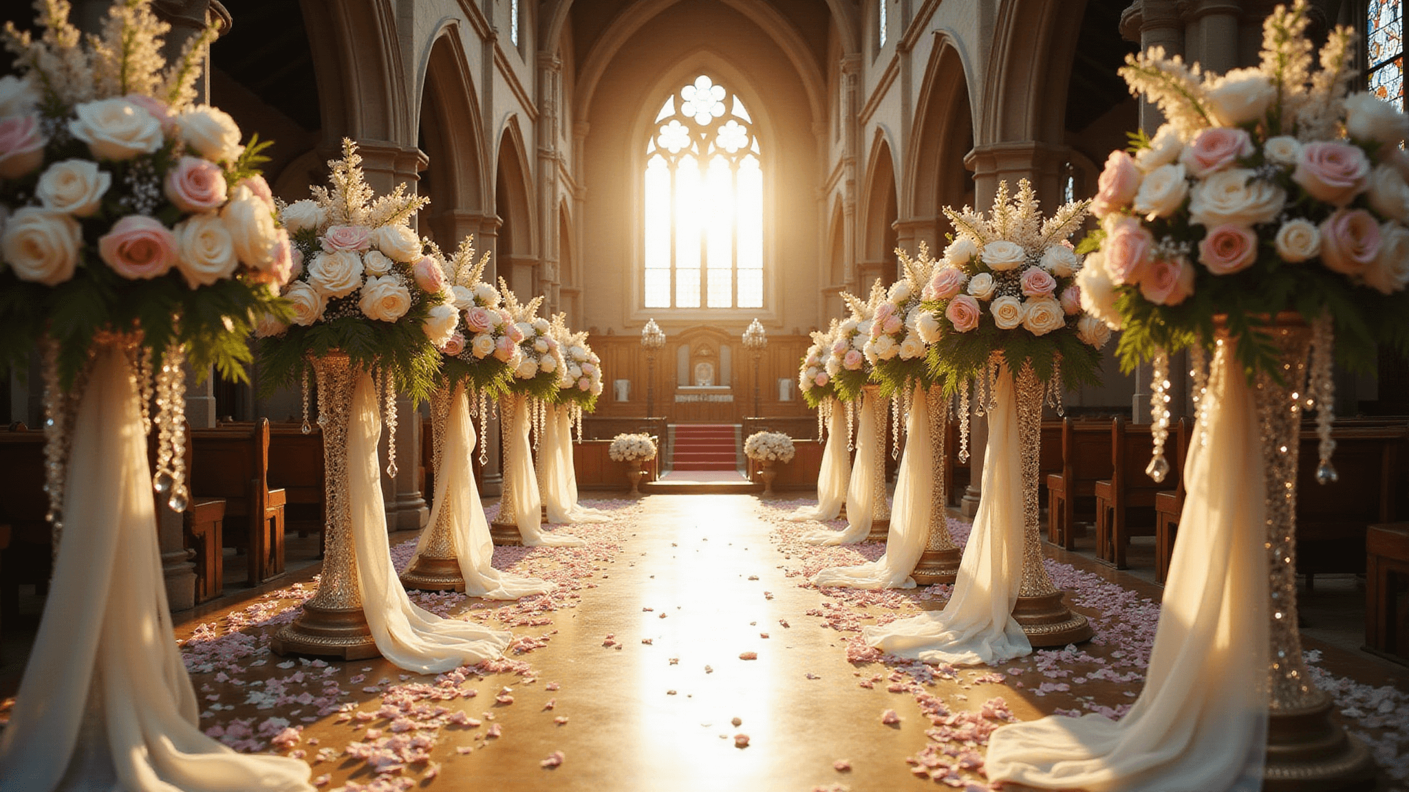 Wide-angle shot of a grand cathedral wedding aisle adorned with cascading floral arrangements, golden hour sunlight streaming through stained glass windows, and scattered rose petals, all captured in photorealistic detail.