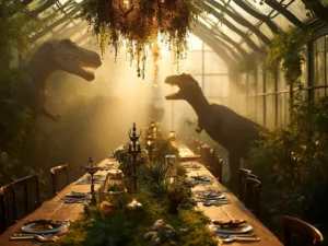 Roar-some Dinosaur Birthday Party Ideas A photorealistic image of a dinosaur-themed birthday party in an enchanted greenhouse at golden hour, featuring dinosaur silhouettes, elegant tables with moss and fern decor, botanical chandeliers, and a sandbox excavation station for children.