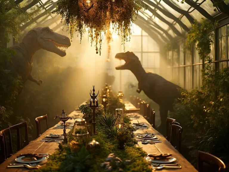 Roar-some Dinosaur Birthday Party Ideas A photorealistic image of a dinosaur-themed birthday party in an enchanted greenhouse at golden hour, featuring dinosaur silhouettes, elegant tables with moss and fern decor, botanical chandeliers, and a sandbox excavation station for children.