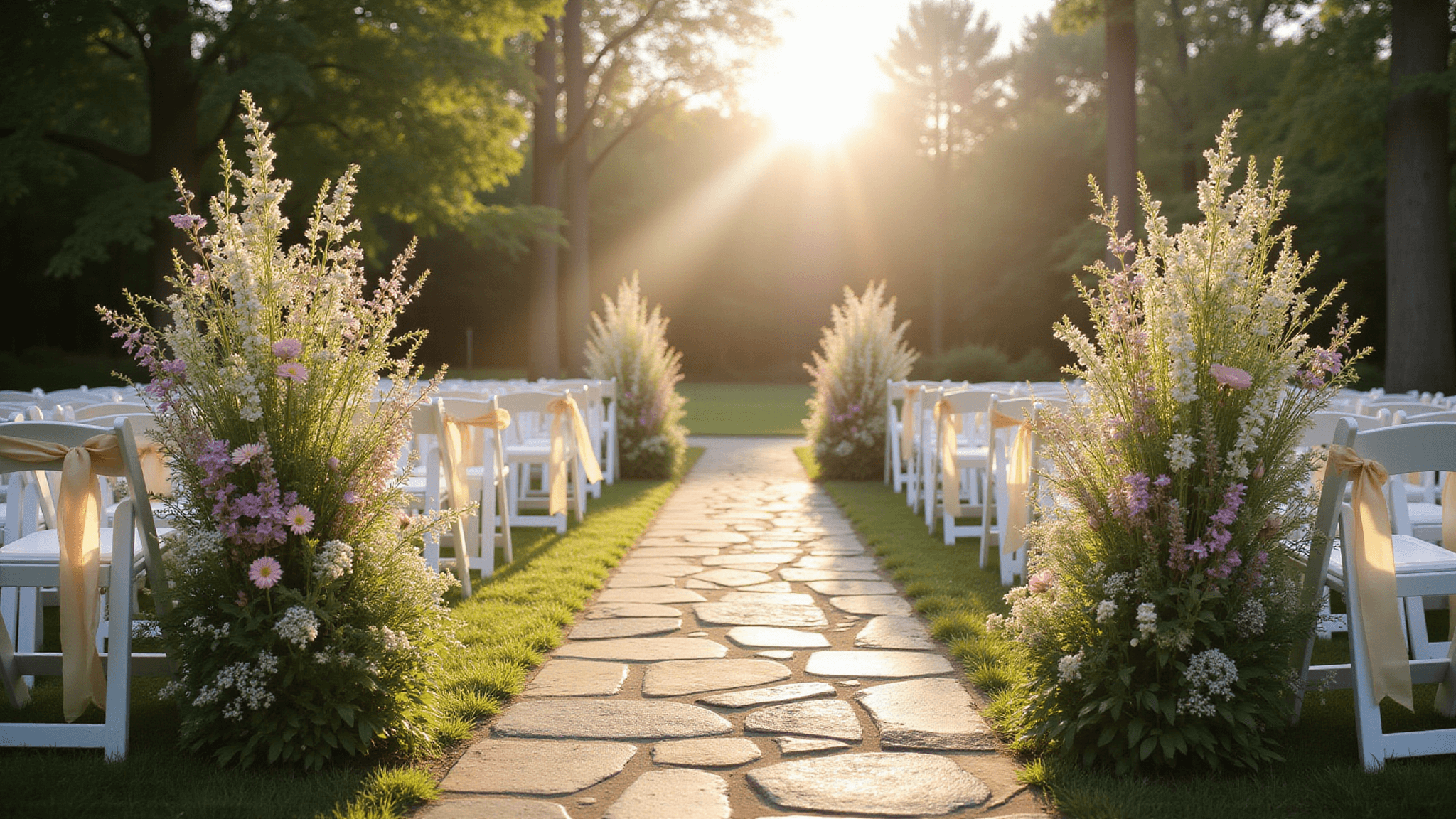 Wide-angle shot of a sunlit garden wedding aisle with pastel floral arrangements and wooden chairs adorned with champagne ribbons, under morning light filtering through trees.