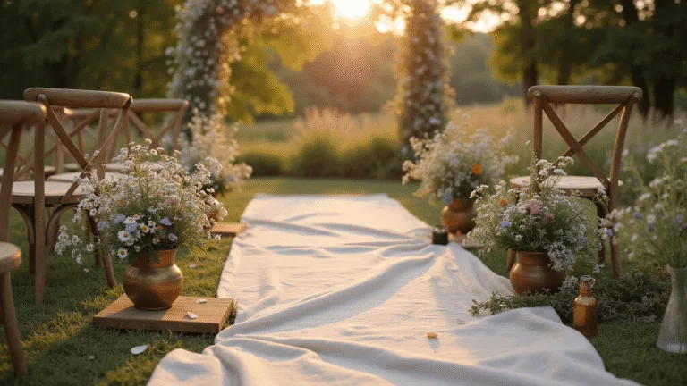 Wild and Whimsical: Your Ultimate Wildflower Wedding Decor Cinematic golden-hour photograph of a whimsical garden wedding ceremony with a flower-lined aisle, vintage brass vessels, and weathered wooden chairs, all illuminated by warm sunset light and fairy lights.