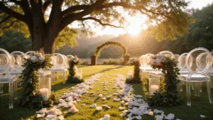 Wedding Aisle Decorations: Transform Your Ceremony Walk into a Magical Moment Cinematic wide-angle shot of a romantic garden wedding aisle at golden hour, featuring ghost chairs with eucalyptus garlands, flickering candlelight, and blush rose petals, under an oak tree canopy with a dreamy bokeh background.