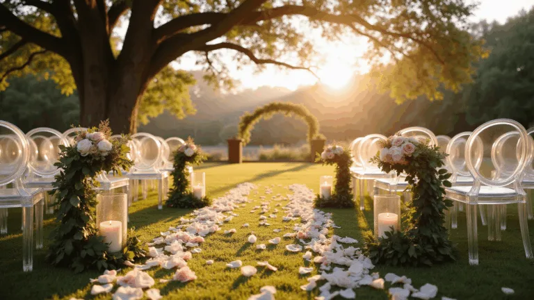 Wedding Aisle Decorations: Transform Your Ceremony Walk into a Magical Moment Cinematic wide-angle shot of a romantic garden wedding aisle at golden hour, featuring ghost chairs with eucalyptus garlands, flickering candlelight, and blush rose petals, under an oak tree canopy with a dreamy bokeh background.