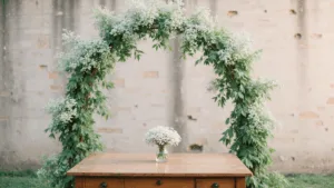 Simple Wedding Flowers: Elegance Meets Minimalism A dreamy wedding ceremony setup featuring a garden arch adorned with white baby's breath, vintage wooden signing table, and ethereal sunlight creating a soft, warm ambiance during golden hour.