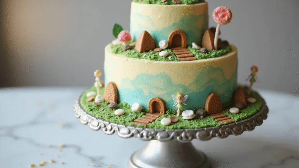 FAIRY BIRTHDAY CAKE: A MAGICAL CELEBRATION CENTERPIECE A whimsical three-tiered fairy garden birthday cake with pastel buttercream frosting on an ornate silver stand, featuring candy mushroom houses, chocolate chip stepping stones, and tiny fairy figurines among edible grass piping, all set against a soft bokeh background.