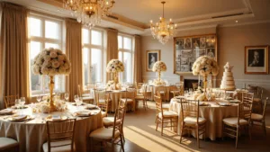 The Ultimate Guide to Celebrating a Golden 50th Wedding Anniversary A lavish ballroom set for a 50th anniversary celebration with warm golden lighting, elegant round tables adorned with champagne silk tablecloths and gold Chiavari chairs, towering floral centerpieces, vintage wedding photos on display, and a 3-tier white wedding cake.