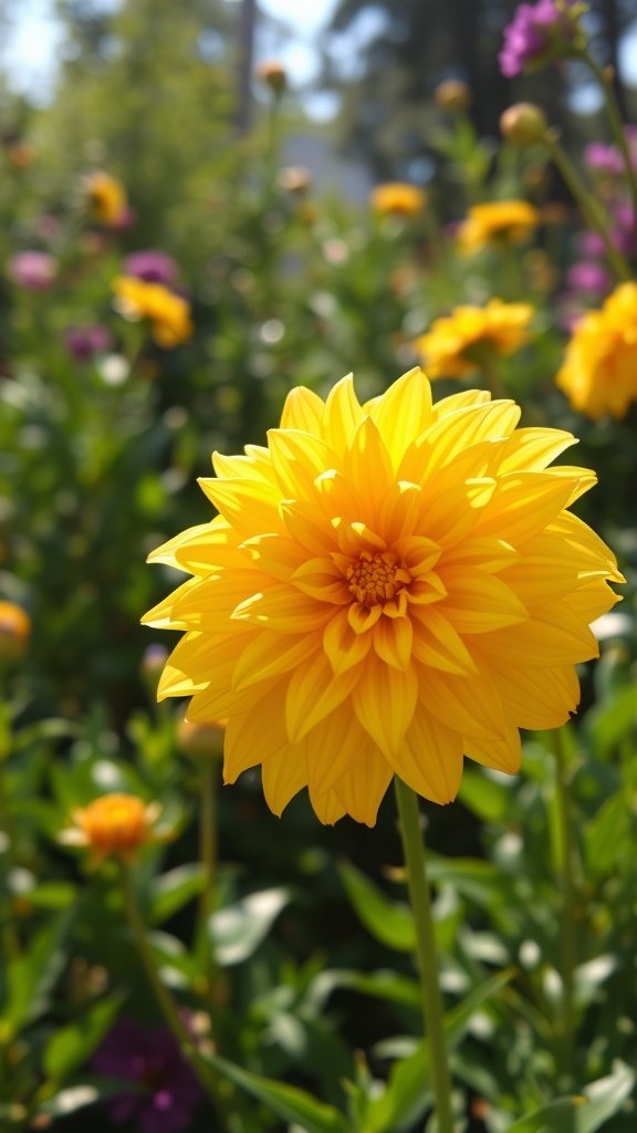 50 Stunning Flower Phone Wallpapers to Brighten Your Screen A bright golden dahlia flower in full bloom surrounded by greenery and other colorful flowers.