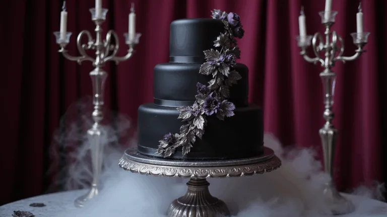 Black Wedding Cake: The Ultimate Gothic Glamour Dessert A three-tiered black wedding cake with silver accents and dark purple sugar flowers, displayed on an ornate silver stand against a burgundy velvet backdrop, surrounded by swirling dry ice fog and illuminated by crystal candelabras.