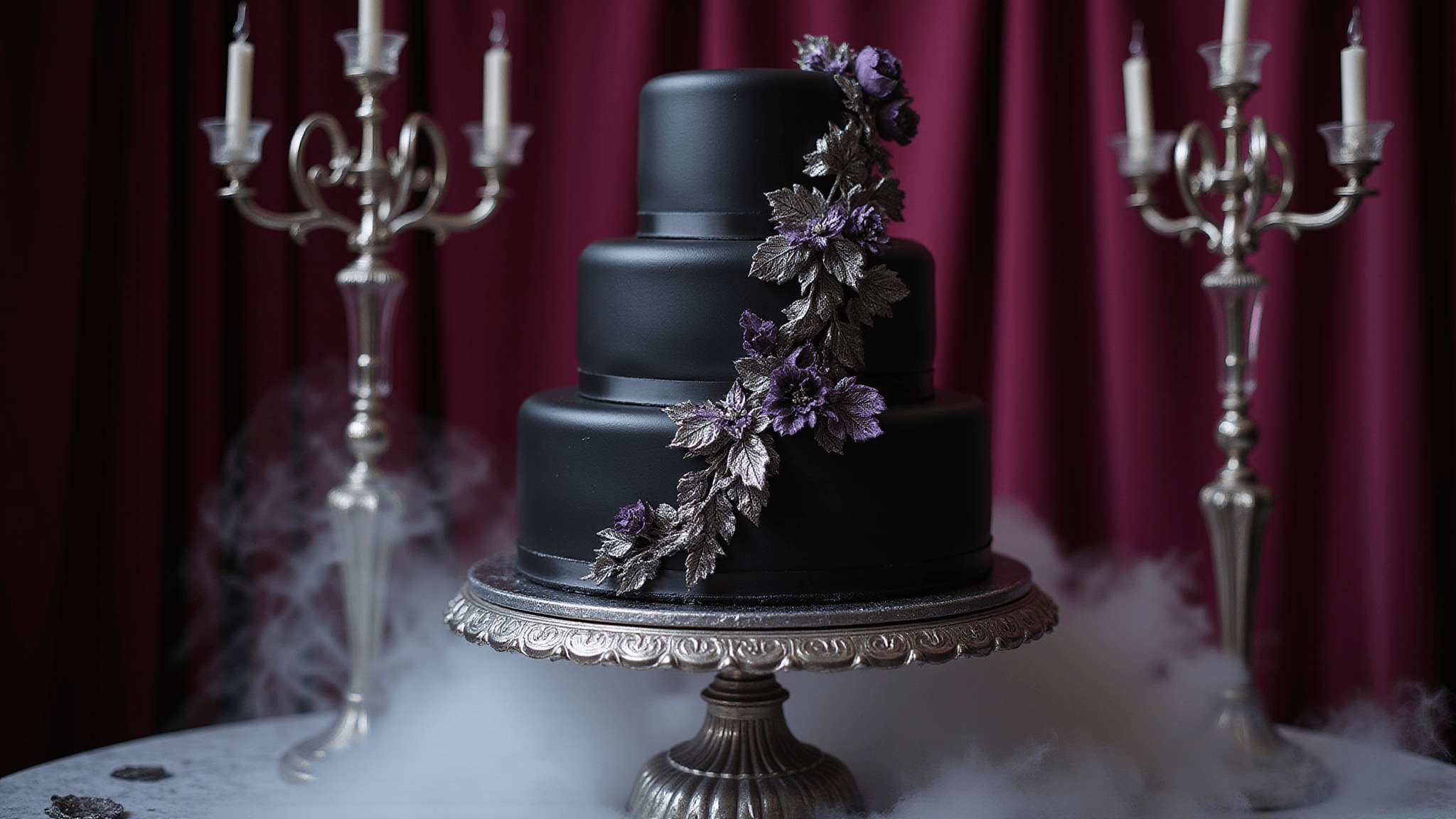 A three-tiered black wedding cake with silver accents and dark purple sugar flowers, displayed on an ornate silver stand against a burgundy velvet backdrop, surrounded by swirling dry ice fog and illuminated by crystal candelabras.