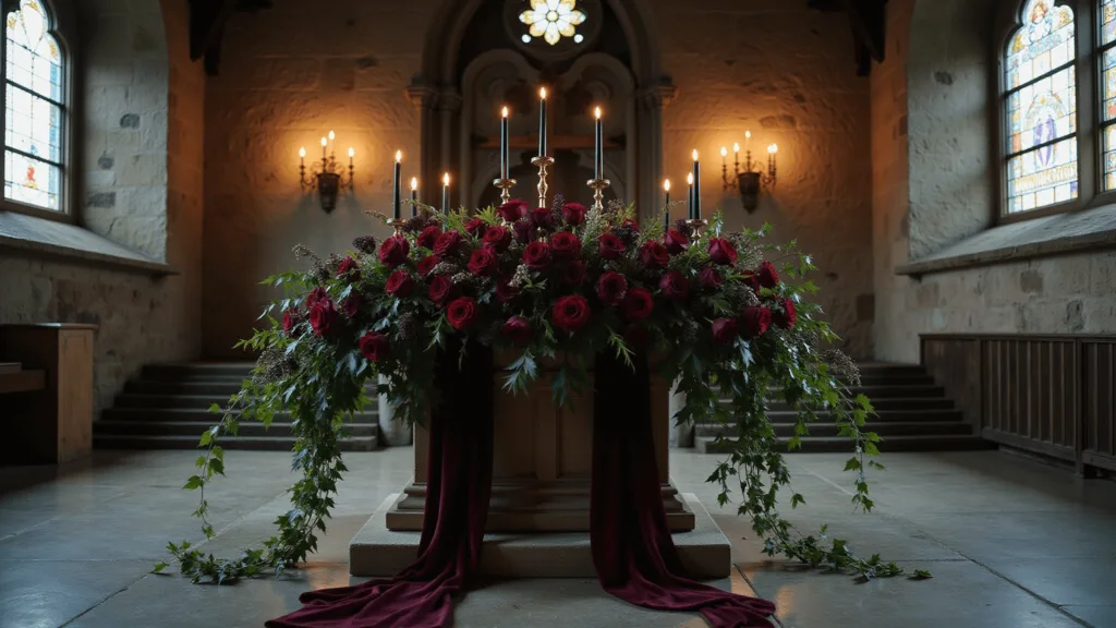 Moody Wedding Flowers: Unleashing Drama and Romance in Your Wedding Palette Gothic stone chapel interior with a dramatic floral installation of burgundy roses, black calla lilies, and dark plum dahlias, accented with trailing ivy and velvet ribbons. Weathered stone walls lit by flickering black taper candles in aged copper holders. Stained glass windows cast colored light patterns amidst deep shadows. Photographic shot with moody color grading highlighting jewel tones, detailed textures, and a low-angle perspective to emphasize grandeur.