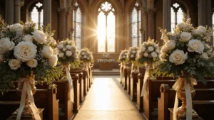 Church Wedding Flowers: Your Ultimate Guide to Stunning Ceremony Decor A photorealistic wide-angle view of a grand Gothic church interior during golden hour, featuring dramatic floral arrangements with white peonies and garden roses, vintage candelabras, and beautifully decorated pew ends, all illuminated by warm sunlight through stained glass windows.