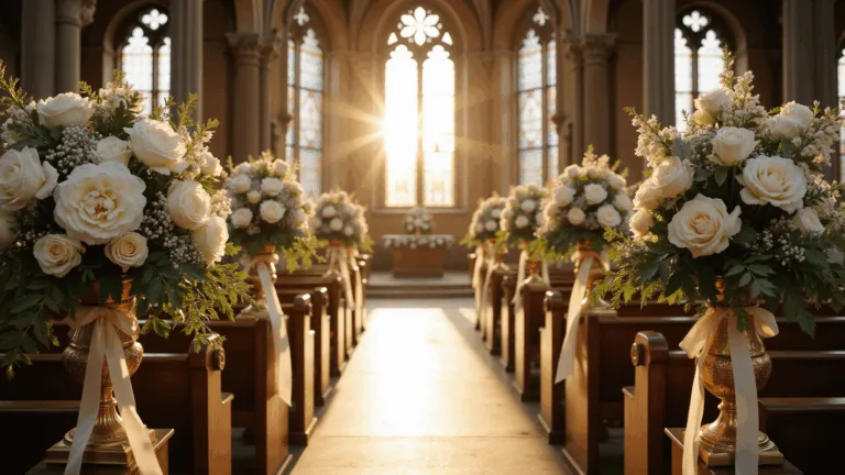 Church Wedding Flowers: Your Ultimate Guide to Stunning Ceremony Decor A photorealistic wide-angle view of a grand Gothic church interior during golden hour, featuring dramatic floral arrangements with white peonies and garden roses, vintage candelabras, and beautifully decorated pew ends, all illuminated by warm sunlight through stained glass windows.