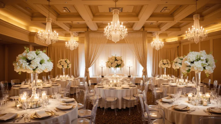 Wedding Reception Decor: Your Ultimate Guide to Creating a Magical Celebration A luxurious grand ballroom wedding reception during golden hour featuring ivory silk-draped tables with cascading floral centerpieces, ghost chairs, crystal chandeliers, mirrored charger plates, and a dramatic floral arch, all bathed in a soft golden glow.