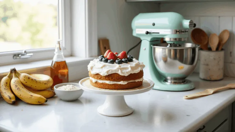 First Birthday Cake: The Perfect Healthy Smash Cake Recipe A sunlit modern farmhouse kitchen with a marble countertop showcasing ingredients for a healthy first birthday cake, including ripe bananas, farm-fresh eggs, and almond flour. A finished 6-inch round cake with yogurt frosting and fresh strawberries and blueberries is displayed on a white ceramic pedestal, surrounded by baking supplies and soft morning light.