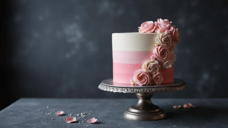 Classic Heart Cake: The Ultimate Birthday Showstopper Heart-shaped pink ombré cake with buttercream decorations on an antique silver stand, featuring piped rosettes, pearls, and sugar flowers, against a dark backdrop with soft bokeh.