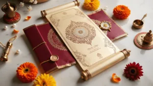 Creating the Perfect Indian Wedding Invitation: A Comprehensive Guide Flatlay of an ornate Indian wedding invitation suite with gold-foiled scroll, peacock motifs, jasmine flowers, brass items, and pearl embellishments on cream marble background.