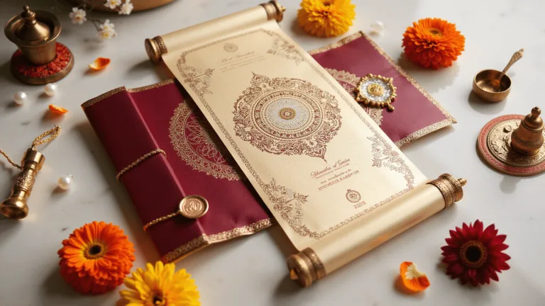 Creating the Perfect Indian Wedding Invitation: A Comprehensive Guide Flatlay of an ornate Indian wedding invitation suite with gold-foiled scroll, peacock motifs, jasmine flowers, brass items, and pearl embellishments on cream marble background.