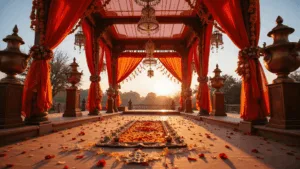 Indian Wedding Decor: Your Ultimate Guide to Stunning Celebrations A stunning wide-angle photograph of an ornate Indian wedding mandap at golden hour, featuring rich crimson silk drapes, lush floral garlands, and intricate rangoli designs, all beautifully illuminated by warm natural light.