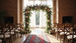 Home Wedding Decorations: Your Ultimate Personal Celebration Guide A sunlit living room wedding ceremony with a grand brick fireplace adorned with a floral arch, Persian runner aisle, cross-back chairs, candleholders, and sheer curtains creating an intimate, romantic atmosphere.
