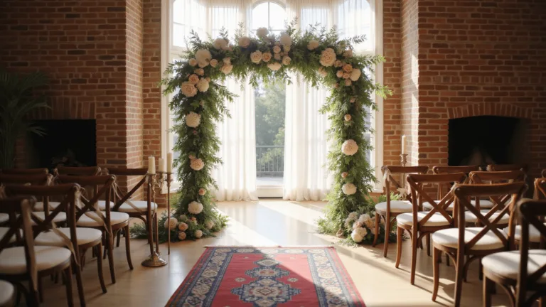 Home Wedding Decorations: Your Ultimate Personal Celebration Guide A sunlit living room wedding ceremony with a grand brick fireplace adorned with a floral arch, Persian runner aisle, cross-back chairs, candleholders, and sheer curtains creating an intimate, romantic atmosphere.