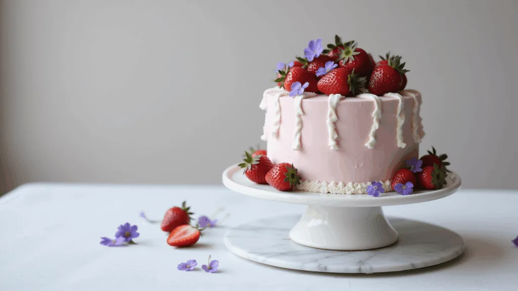 Korean Birthday Cake: The Ultimate Aesthetic Dessert Guide Photorealistic Korean-style floral strawberry cake on a white cake stand, featuring pastel pink buttercream, piped ribbon details, fresh strawberries, and pressed flowers, with a soft-focus backdrop and natural window lighting.