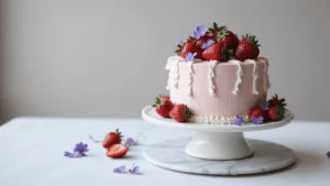 Korean Birthday Cake: The Ultimate Aesthetic Dessert Guide Photorealistic Korean-style floral strawberry cake on a white cake stand, featuring pastel pink buttercream, piped ribbon details, fresh strawberries, and pressed flowers, with a soft-focus backdrop and natural window lighting.