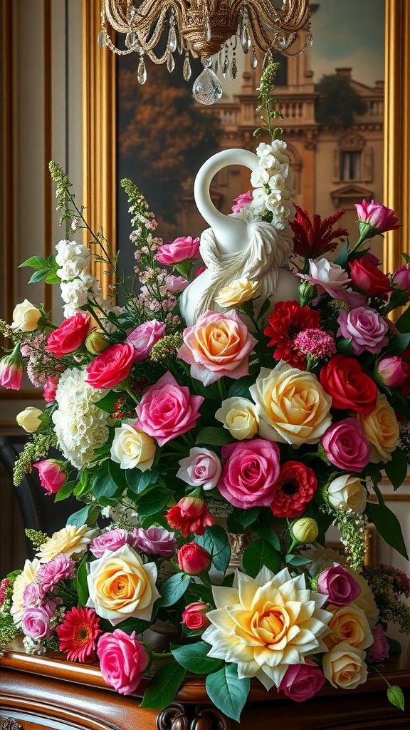 50 Stunning Flower Phone Wallpapers to Brighten Your Screen A lavish floral still life featuring a swan sculpture and a colorful arrangement of roses and greenery.
