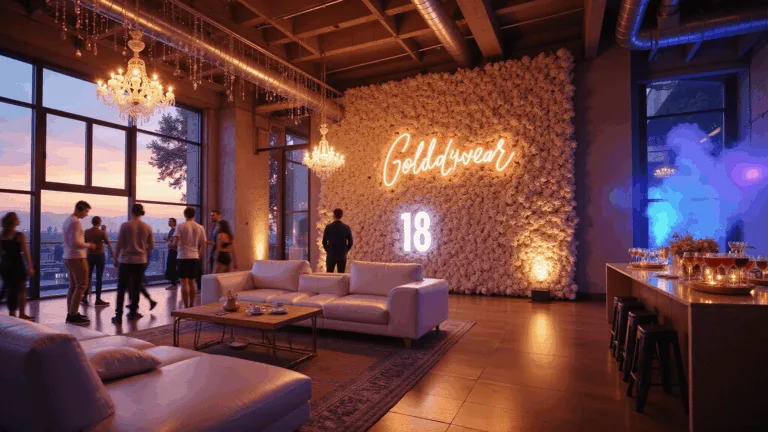 🎉 18th Birthday Bash: Your Ultimate Party Planning Guide A luxurious modern loft space set for an 18th birthday celebration, featuring a silent disco, Hollywood-inspired lounge, photo station with flower wall, and an elegant refreshment zone, all bathed in golden hour lighting, with deep blue uplighting and ambient fairy lights.