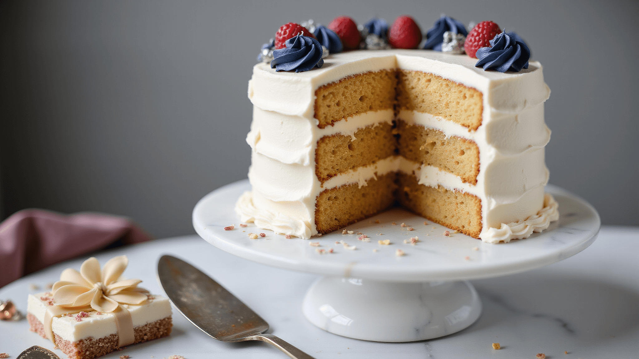 Luxurious two-tier birthday cake with white buttercream frosting, stacked layers of golden vanilla cake, and decorative navy blue and silver piping, set on a marble stand with fresh berries and rose gold candles, in soft natural light.