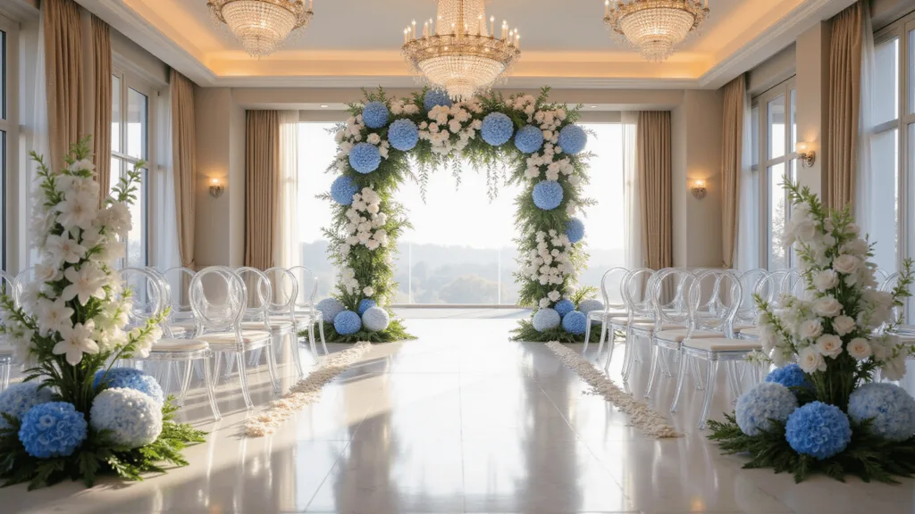 Blue Wedding Flowers: A Dreamy Guide to Creating Stunning Floral Arrangements A luxurious wedding ceremony setup in a grand ballroom featuring an 8-foot floral arch with cascading blue hydrangeas and white phalaenopsis orchids. Crystal chandeliers cast warm ambient light over ghost chairs arranged in curved rows. Natural sunlight streams through floor-to-ceiling windows onto white marble floors. Delicate blue thistle accents, white garden roses, and eucalyptus greenery complement the elegant color palette of powder blue, white, and silver.