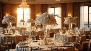 Wedding Centerpieces Flowers: Your Ultimate Guide to Stunning Table Decor Cinematic wide shot of an opulent hotel ballroom during golden hour, showcasing round tables with tall white phalaenopsis orchid centerpieces in crystal vases, gold-rimmed chargers, and ivory silk tablecloths, illuminated by crystal chandeliers and soft amber uplighting.