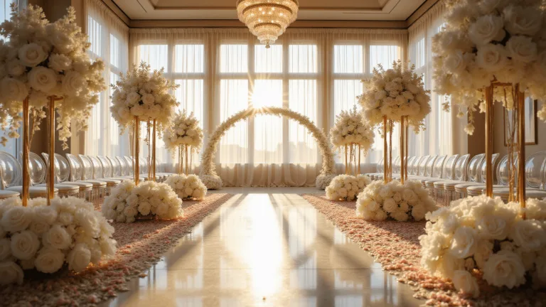 Ultimate Guide to Choosing the Perfect Wedding Flowers: From Bouquets to Budget A luxurious wedding ceremony setup in a ballroom with white peonies, orchids, crystal altar, ghost chairs, and rose petals. Golden hour light streams through windows, highlighting gold candelabras, ivory drapes, and chandeliers.