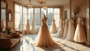 Floral Wedding Dresses: The Ultimate Guide to Romantic Bridal Style A luxurious bridal boutique interior bathed in golden hour light, showcasing floral couture gowns with intricate details, highlighted by crystal chandeliers and elegant decor.