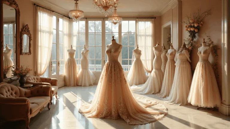 Floral Wedding Dresses: The Ultimate Guide to Romantic Bridal Style A luxurious bridal boutique interior bathed in golden hour light, showcasing floral couture gowns with intricate details, highlighted by crystal chandeliers and elegant decor.