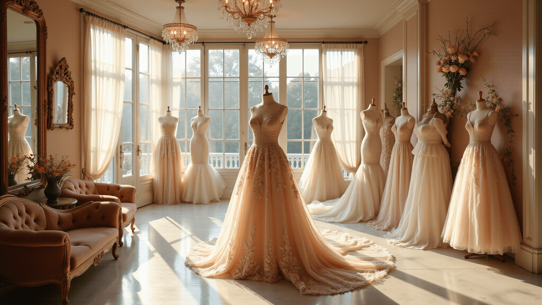 A luxurious bridal boutique interior bathed in golden hour light, showcasing floral couture gowns with intricate details, highlighted by crystal chandeliers and elegant decor.