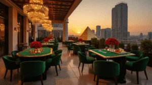 50th Birthday Bash: The Ultimate Guide to Throwing an Unforgettable Milestone Celebration A luxurious rooftop terrace set for a Casino Royale-themed 50th birthday, featuring emerald velvet gaming tables, crystal chandeliers, a champagne pyramid, and elegant decor against a backdrop of city lights at golden hour.