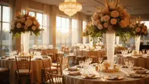 Champagne Wedding Flowers: Your Ultimate to Romantic Elegance A luxurious wedding reception in a grand ballroom, featuring towering champagne-colored floral arrangements, gilt Chiavari chairs, and sparkling crystal chandeliers, illuminated by warm golden hour light filtering through floor-to-ceiling windows.