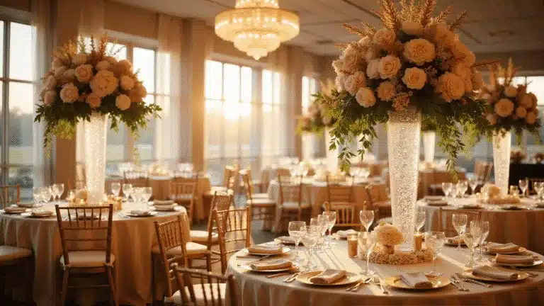 Champagne Wedding Flowers: Your Ultimate to Romantic Elegance A luxurious wedding reception in a grand ballroom, featuring towering champagne-colored floral arrangements, gilt Chiavari chairs, and sparkling crystal chandeliers, illuminated by warm golden hour light filtering through floor-to-ceiling windows.