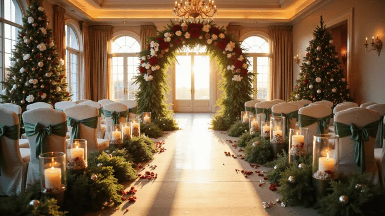 Christmas Wedding Flowers A grand ballroom wedding ceremony at golden hour, featuring a tall Christmas tree with white orchids, a dramatic floral arch with red roses and lilies, vintage chandeliers, and an aisle lined with candles and pine garlands, all illuminated by warm lighting through large arched windows.