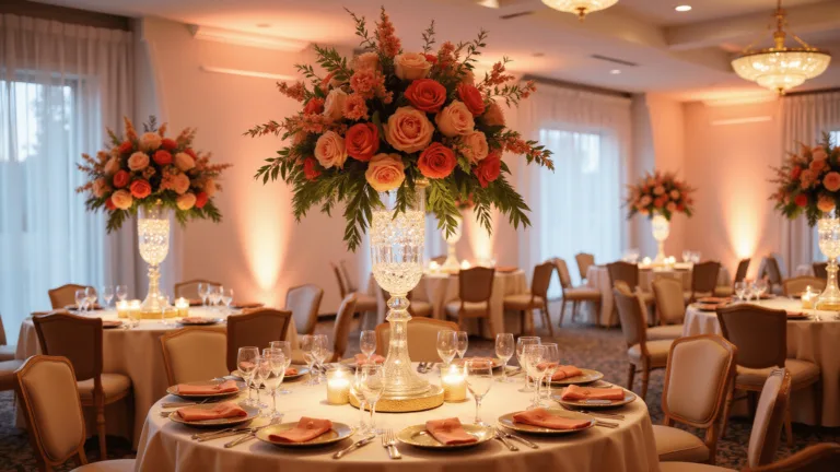 Coral Wedding Flowers: The Ultimate Guide to Creating Stunning Bridal Arrangements A luxurious ballroom wedding reception with coral-themed floral arrangements in tall glass centerpieces; ivory silk-draped tables; golden chandeliers; and warm, cinematic lighting.