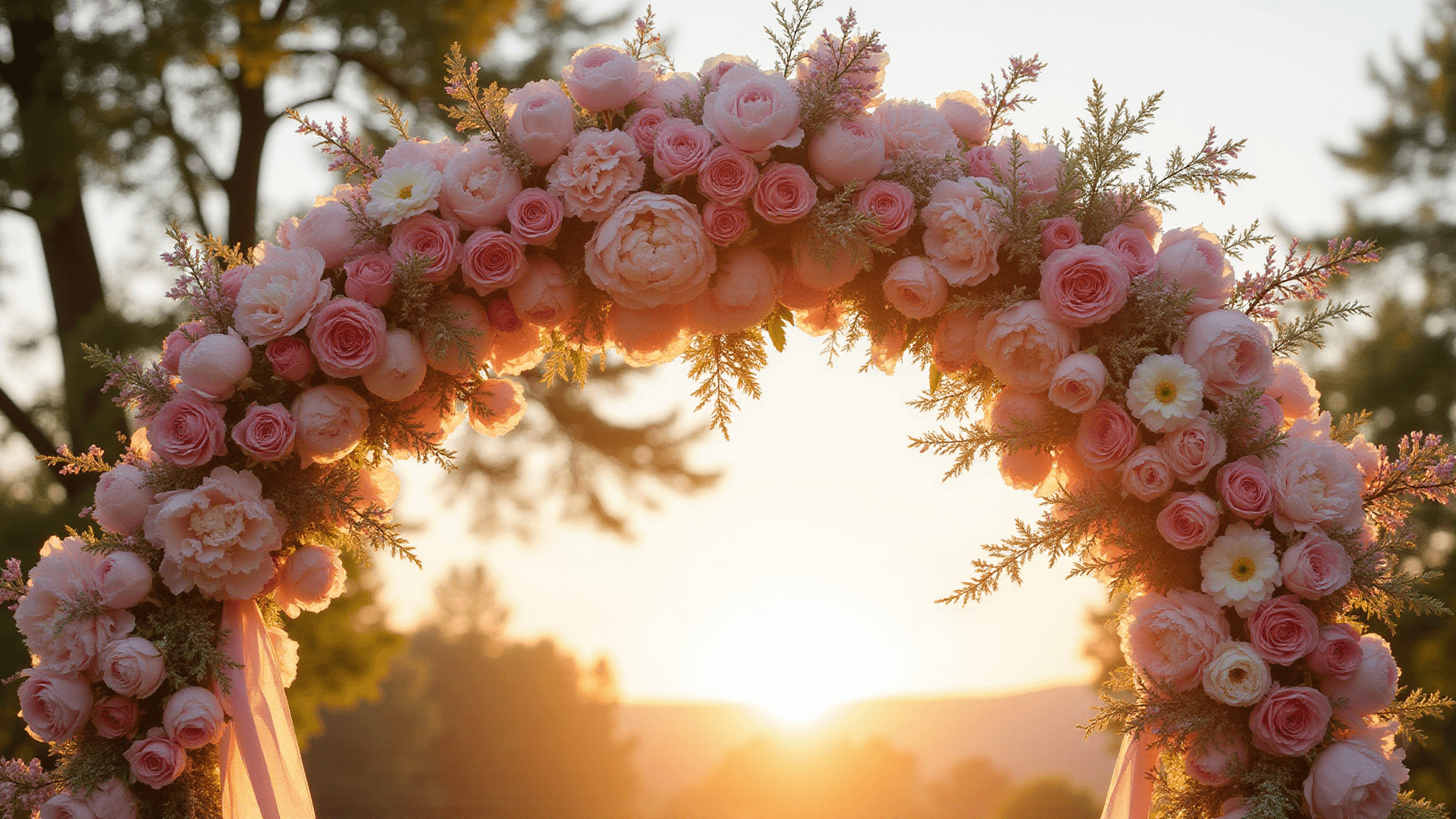 A luxurious wedding arch adorned with pink flowers and silk ribbons glows warmly in the golden hour light.