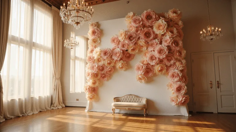 Transform Your Wedding with Giant Flowers: A Complete Guide to Show-Stopping Decor A stunning wedding venue with a towering 6-foot blush pink paper rose installation against an ivory wall, illuminated by golden hour sunlight, featuring crystal chandeliers, sheer white draping, and a vintage velvet settee for scale, captured in hyperrealistic detail.