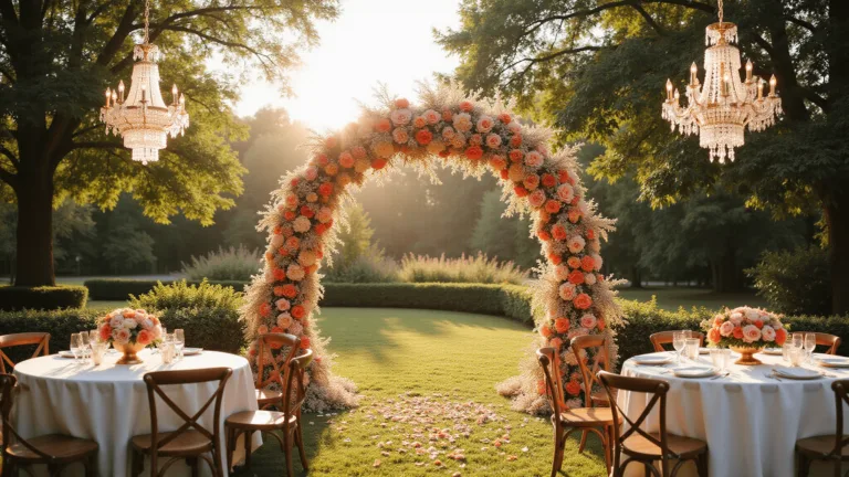 Bright Wedding Flowers: Adding Color and Joy to Your Special Day A luxurious wedding ceremony at golden hour featuring an ornate floral arch with coral and orange roses, blush dahlias, and sweet peas, surrounded by prismatic crystal chandeliers, round tables with gold vessel rose centerpieces, and sunlight filtering through to create a romantic amber-toned ambiance.