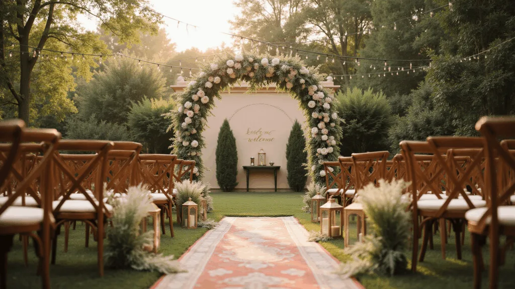 Stunning Outdoor Wedding Decor: Your Ultimate Guide to Creating Magical Celebrations Cinematic wide-angle photograph of a romantic outdoor wedding ceremony at golden hour, featuring a floral arch with white garden roses and blush peonies, vintage wooden chairs lining a Persian runner aisle, and dappled sunlight from overhead string lights.