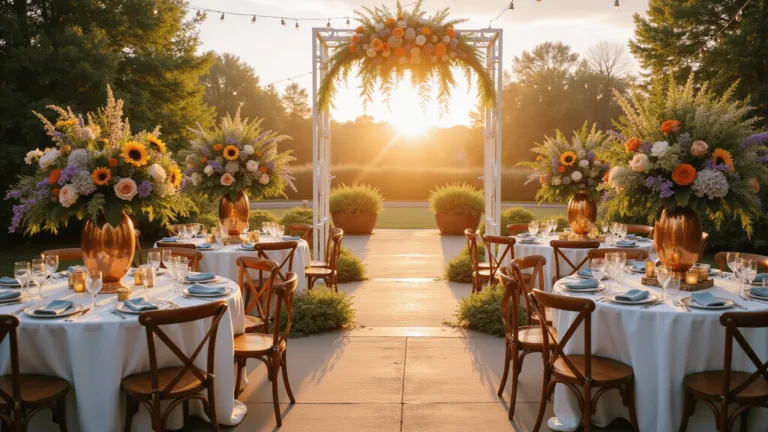 Summer Wedding Flowers: Your Ultimate Guide to Blooming Brilliance A luxurious garden wedding setup at golden hour with a white arch adorned with sunflowers and delphiniums. Tables feature copper vases with peonies, dahlias, and ranunculus under string lights and flowering trees, captured in warm sunset light.