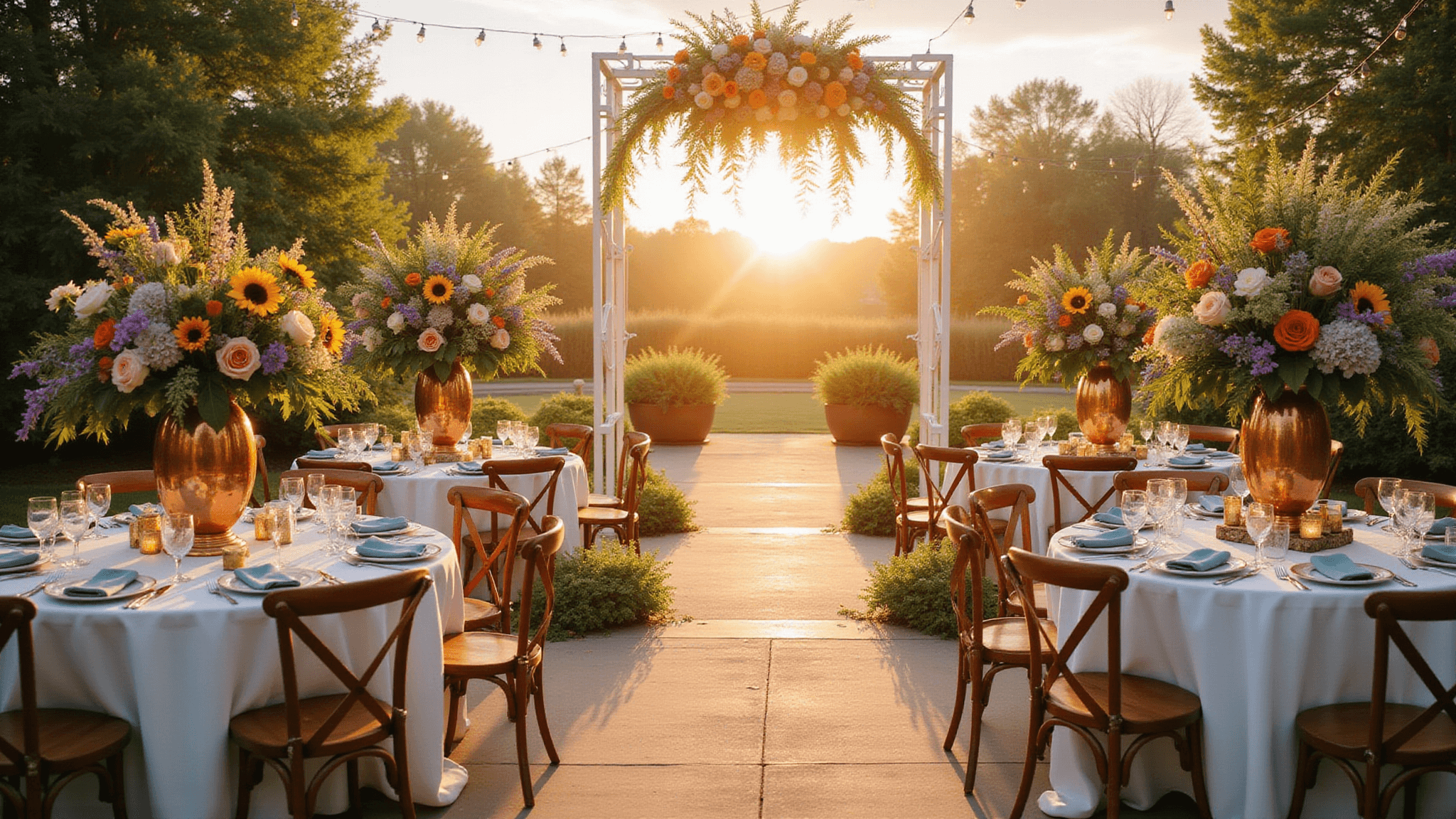 A luxurious garden wedding setup at golden hour with a white arch adorned with sunflowers and delphiniums. Tables feature copper vases with peonies, dahlias, and ranunculus under string lights and flowering trees, captured in warm sunset light.