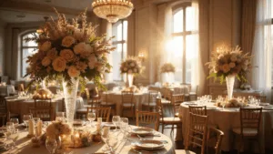 Neutral Wedding Flowers: Your Ultimate Guide to Timeless Elegance Photorealistic ballroom wedding scene during golden hour with neutral floral arrangements on round tables, featuring cream garden roses, white delphinium, champagne ranunculus, and ivory snapdragons in crystal vases, illuminated by warm ambient lighting from chandeliers, framed by sheer ivory drapery and rich textural details.