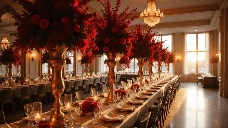 Red Wedding Flowers: Passionate Blooms for Your Perfect Day An elegant ballroom wedding reception featuring dramatic red floral arrangements, crystal chandeliers, and luxurious decor, illuminated by warm golden hour light.