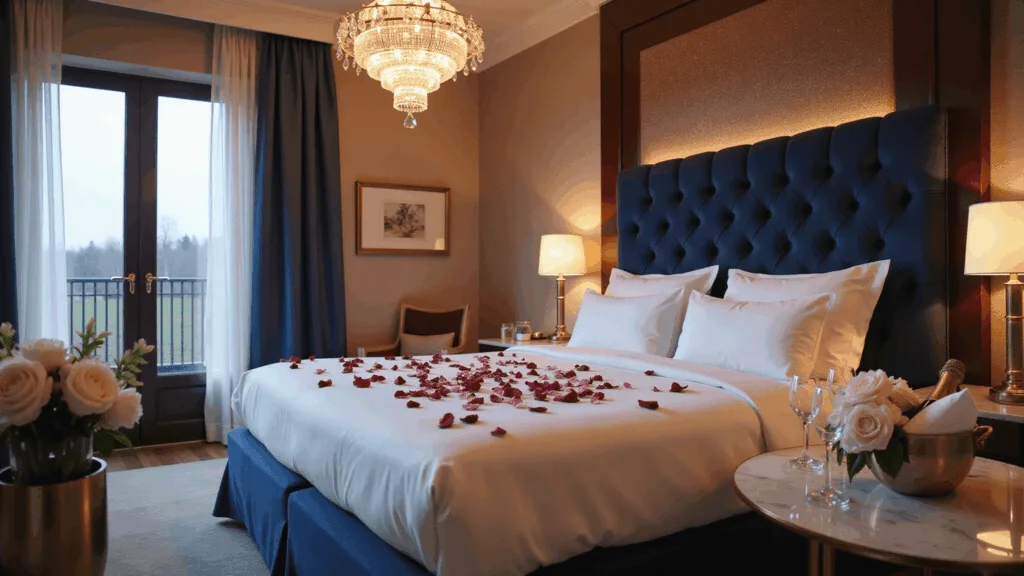 Crafting the Perfect Wedding Night Room Decor: A Comprehensive Guide Cinematic photograph of an opulent honeymoon suite at dusk, featuring a king-sized bed with silk sheets, velvet headboard, rose petal decor, crystal chandeliers, and marble side table with champagne and flowers, all captured in a romantic, soft-focused ambiance.